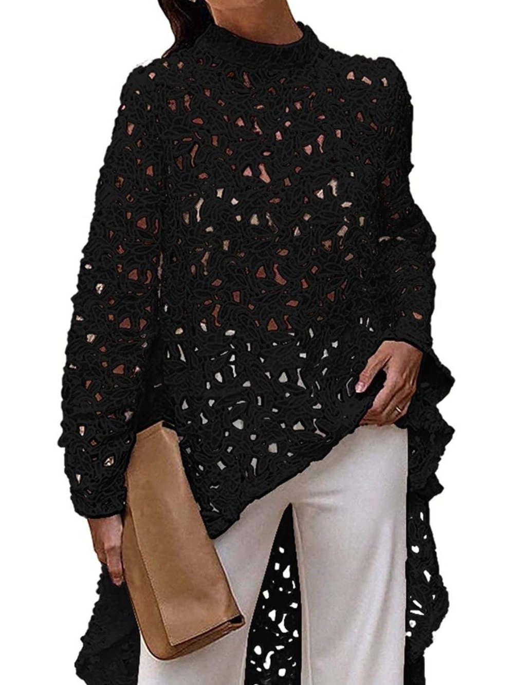 Black Crochet High-Low Sweater Tunic